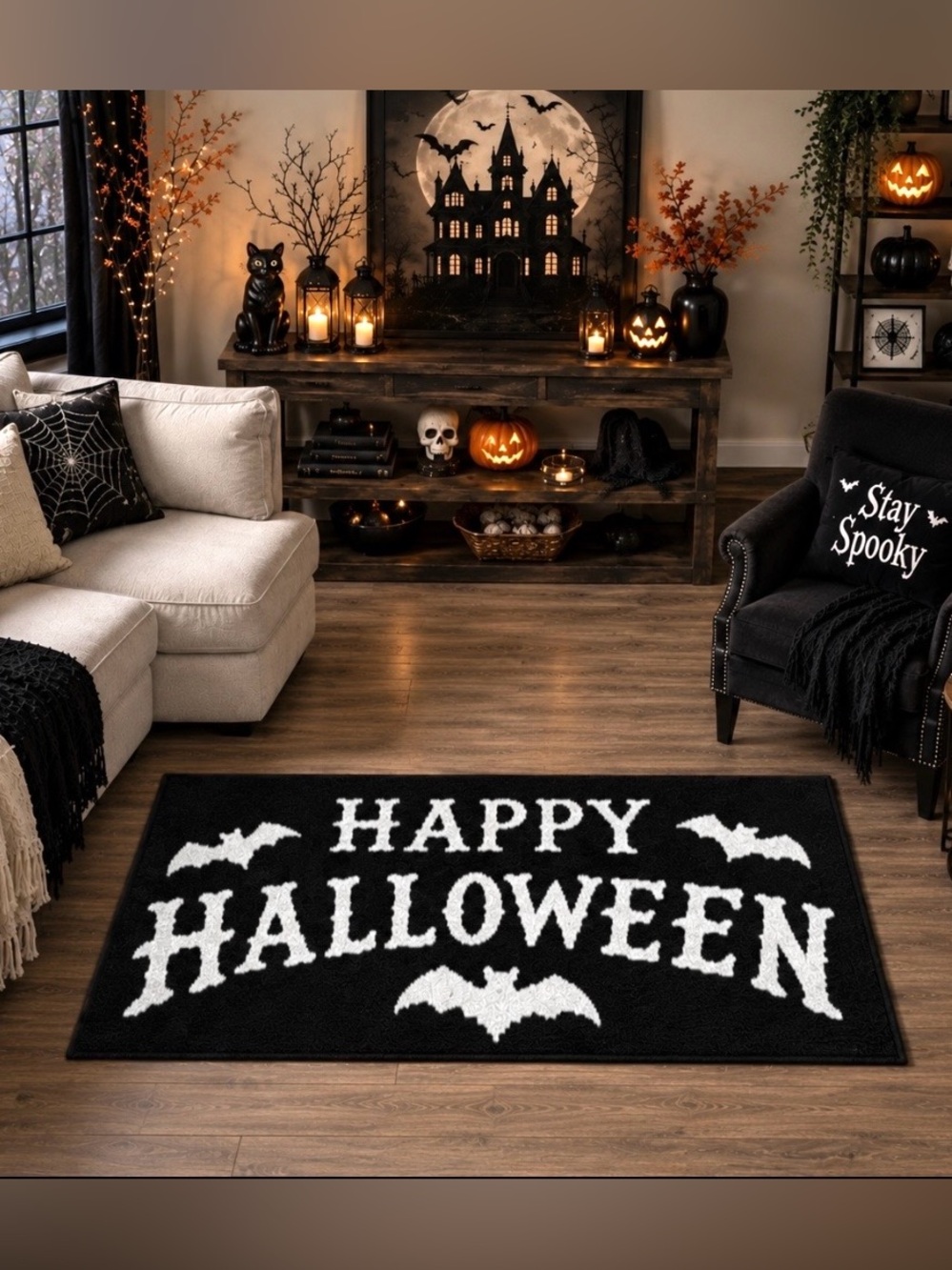 HALLOWEEN ACCENT RUG BLACK WHITE *HAPPY HALLOWEEN* WASHABLE NON SLIP 20X34 VIRAL